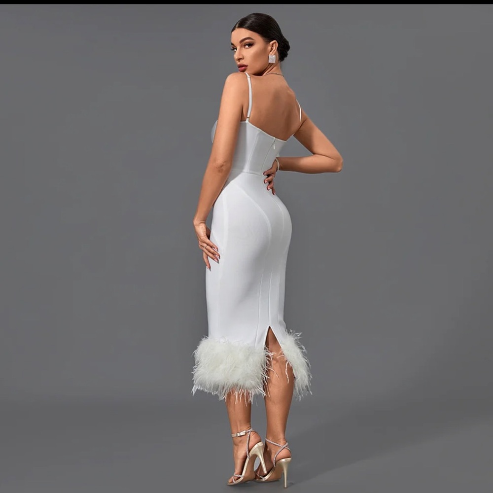 White Feather Trim Dress - Bridal - Women